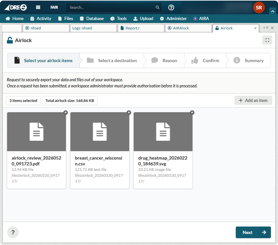 Step 2: The Airlock item selection screen showing the three files selected for egress