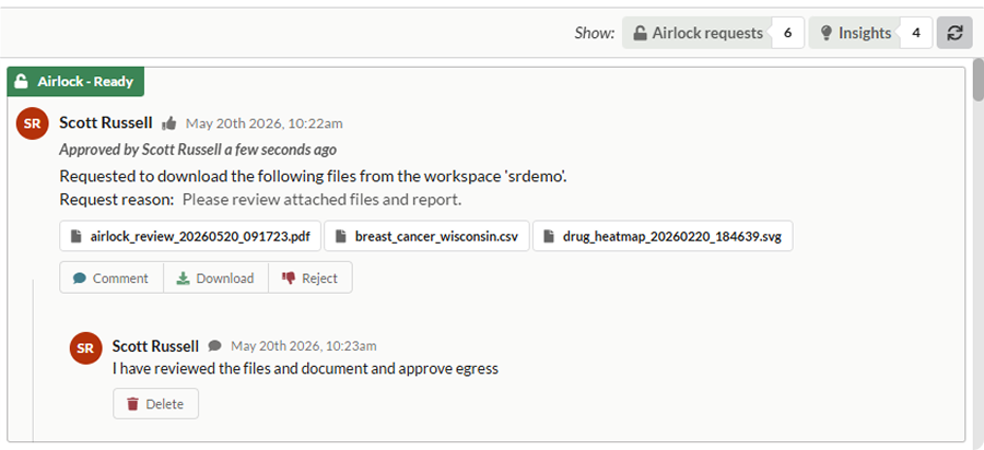 Step 4: The Airlock requests view showing the approved egress request with reviewer sign-off and audit record