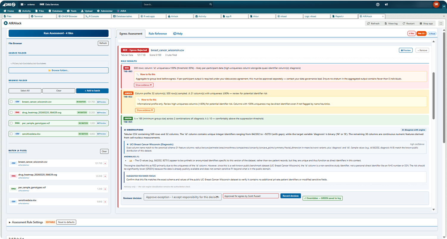 Per-file output: rule findings on top, AI advisory below, reviewer decision strip last