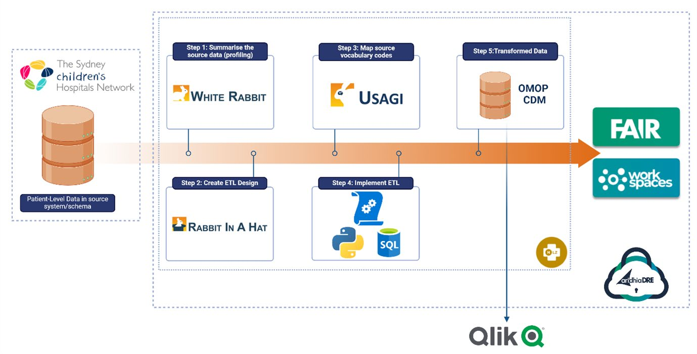Diagram showing the OMOP data transformation pipeline: from patient-level source data through WhiteRabbit, Rabbit-In-a-Hat, USAGI and ETL steps into the OMOP CDM, with output to FAIR Data Services, Workspaces and the Aridhia DRE