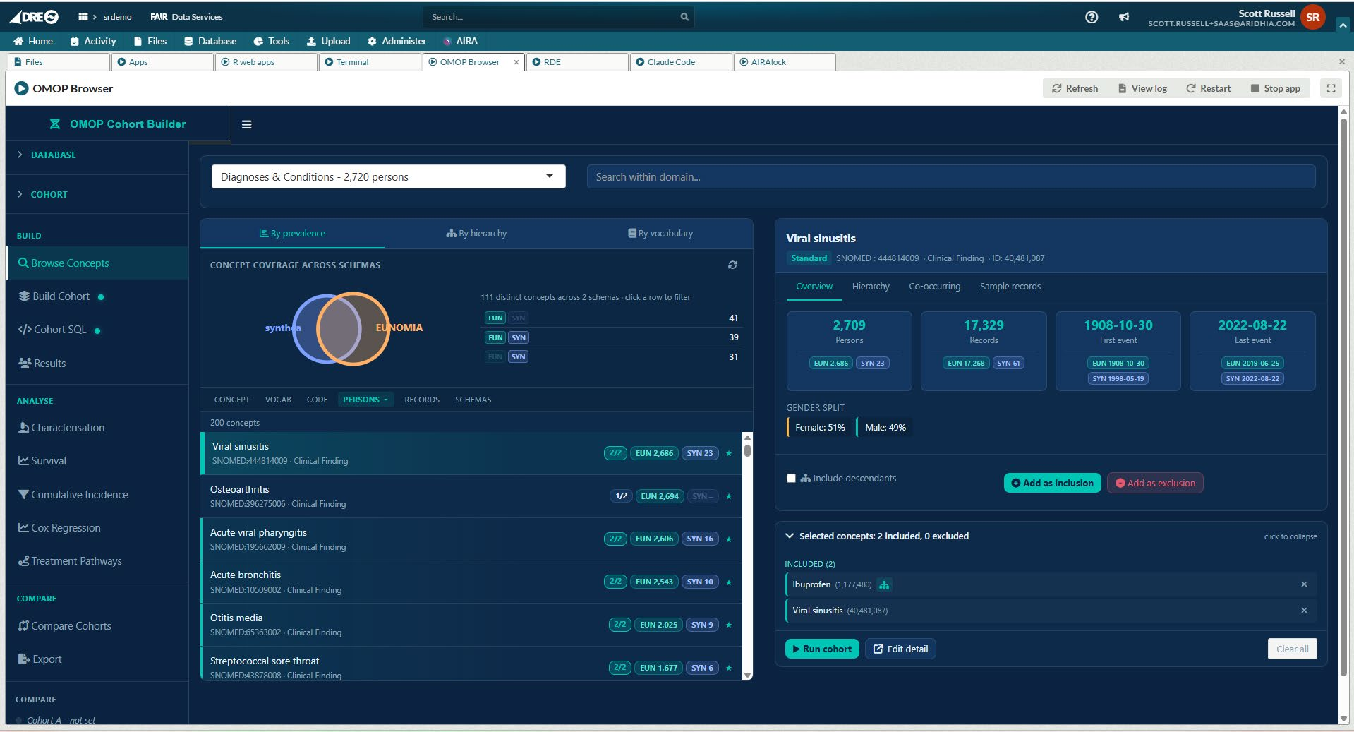 Screenshot of the OMOP Browser Cohort Builder showing concept coverage across schemas, with Diagnoses and Conditions domain selected and viral sinusitis detail panel open