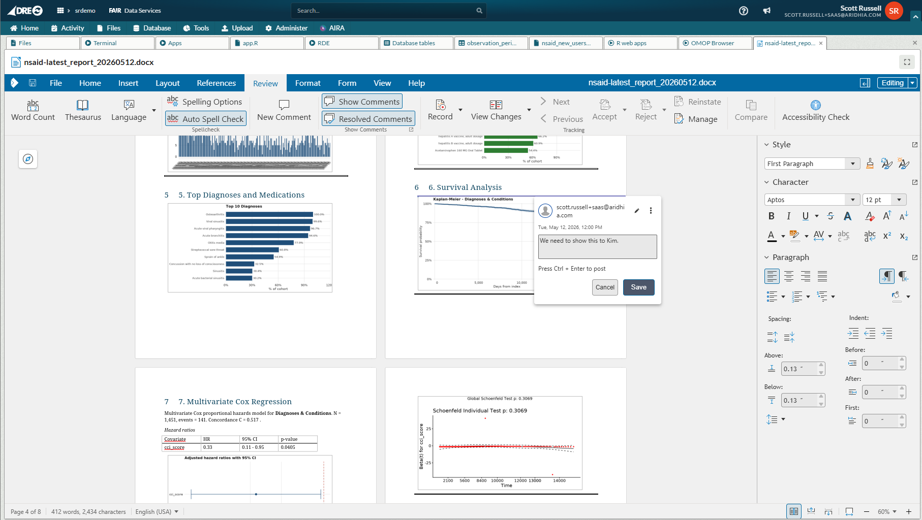 Screenshot of an R Markdown report open in Collabora within the DRE workspace, showing survival analysis, Cox regression results and a comment thread
